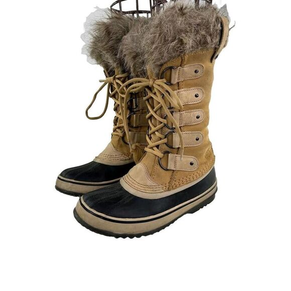 Sorel Joan of Arctic Tan Faux Fur Trim Boot US 8 Women Lace Up Winter Waterproof - Picture 1 of 12